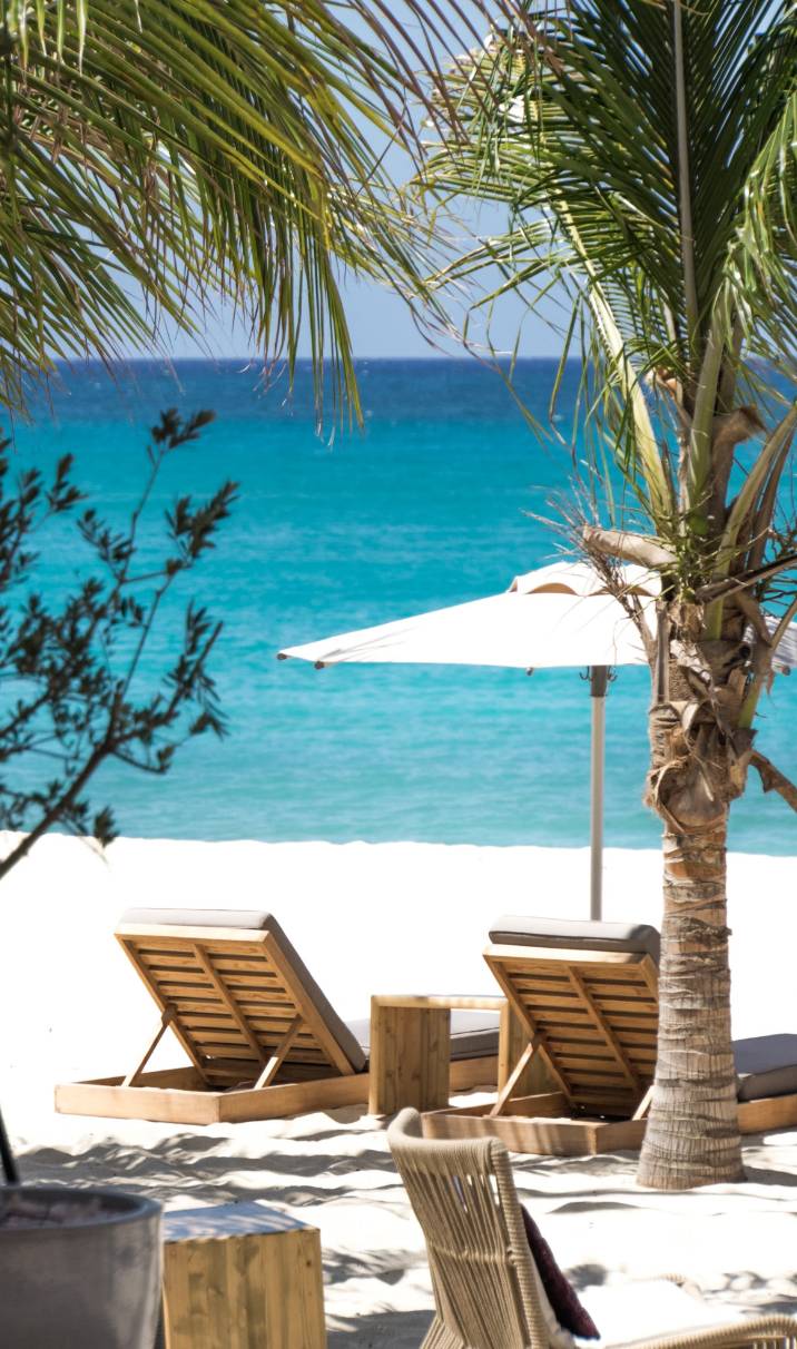 Une plage de sable blanc avec deux transats, un parasol, des palmiers et la mer turquoise en arrière-plan