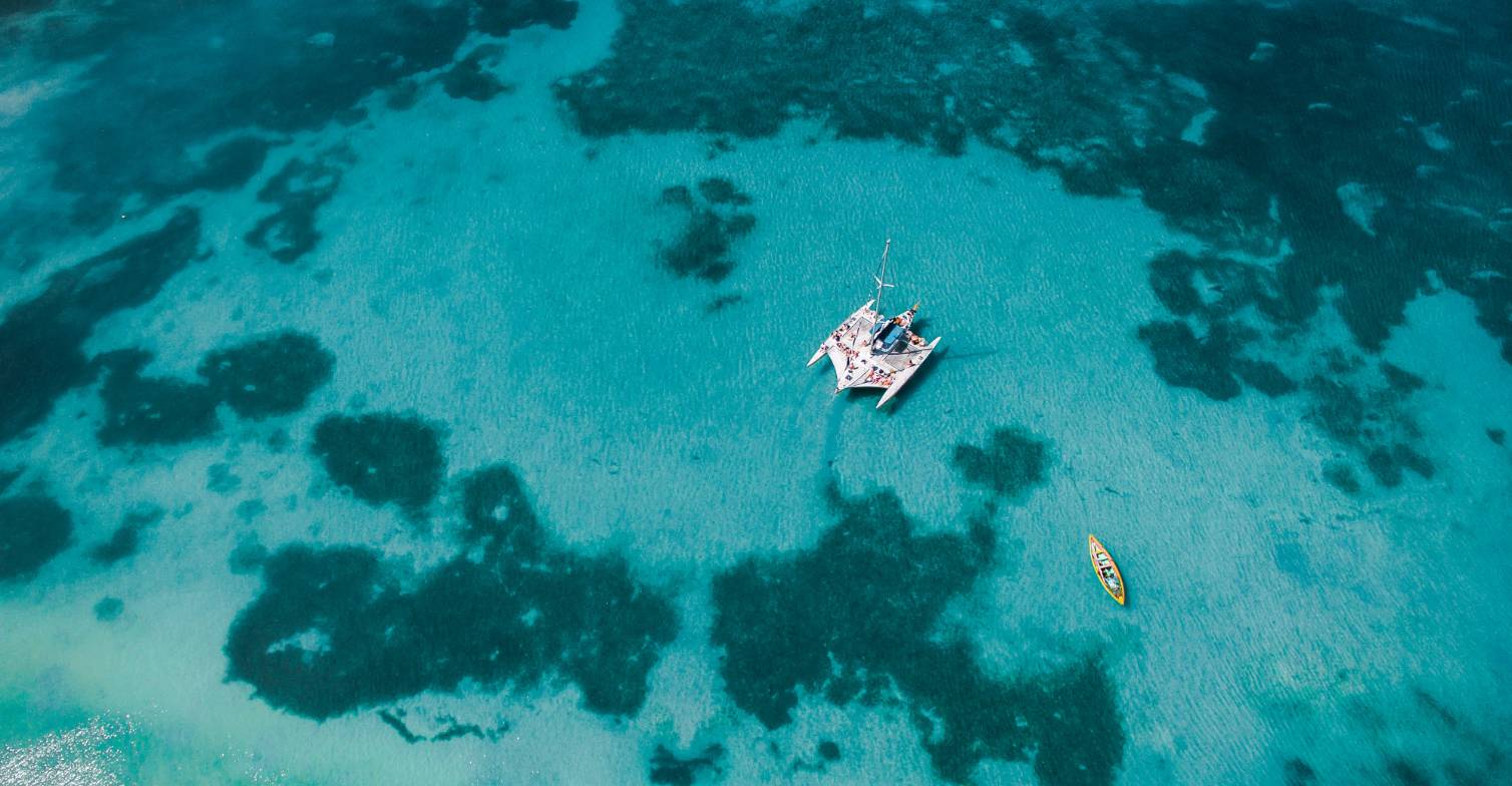 A catamaran seen from the sky in Saint-Martin in the Caribbean