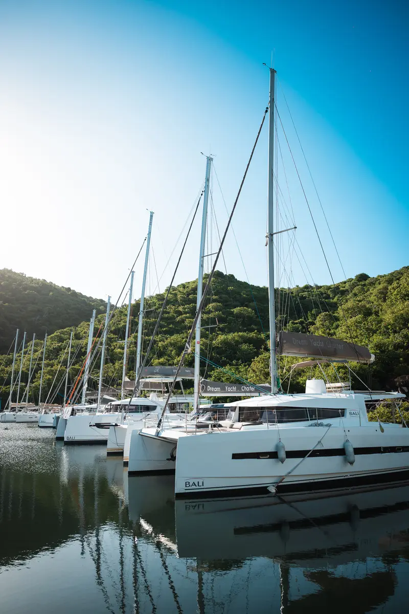 Catamarans moored at the Anse Marcel marina.