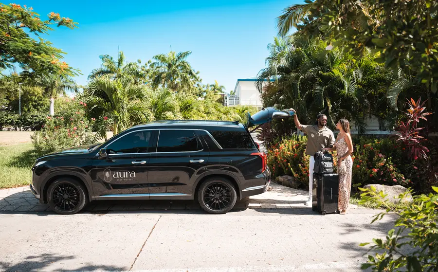 Guests with their luggage next to the Aura car.