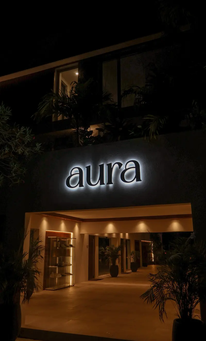 Illuminated Aura sign at the entrance at night.