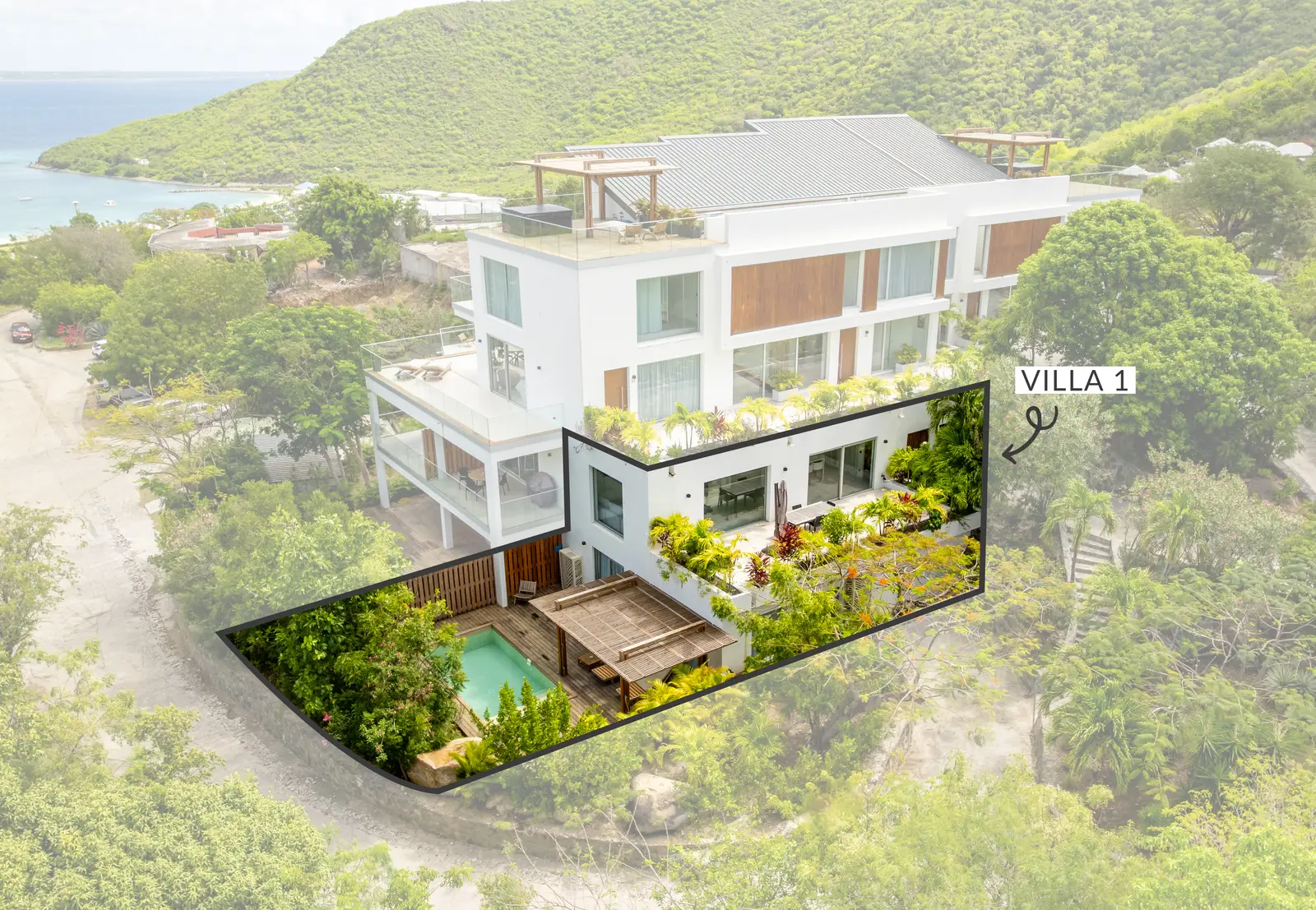 Aerial view of the Aura residence showing the location of Villa 1.