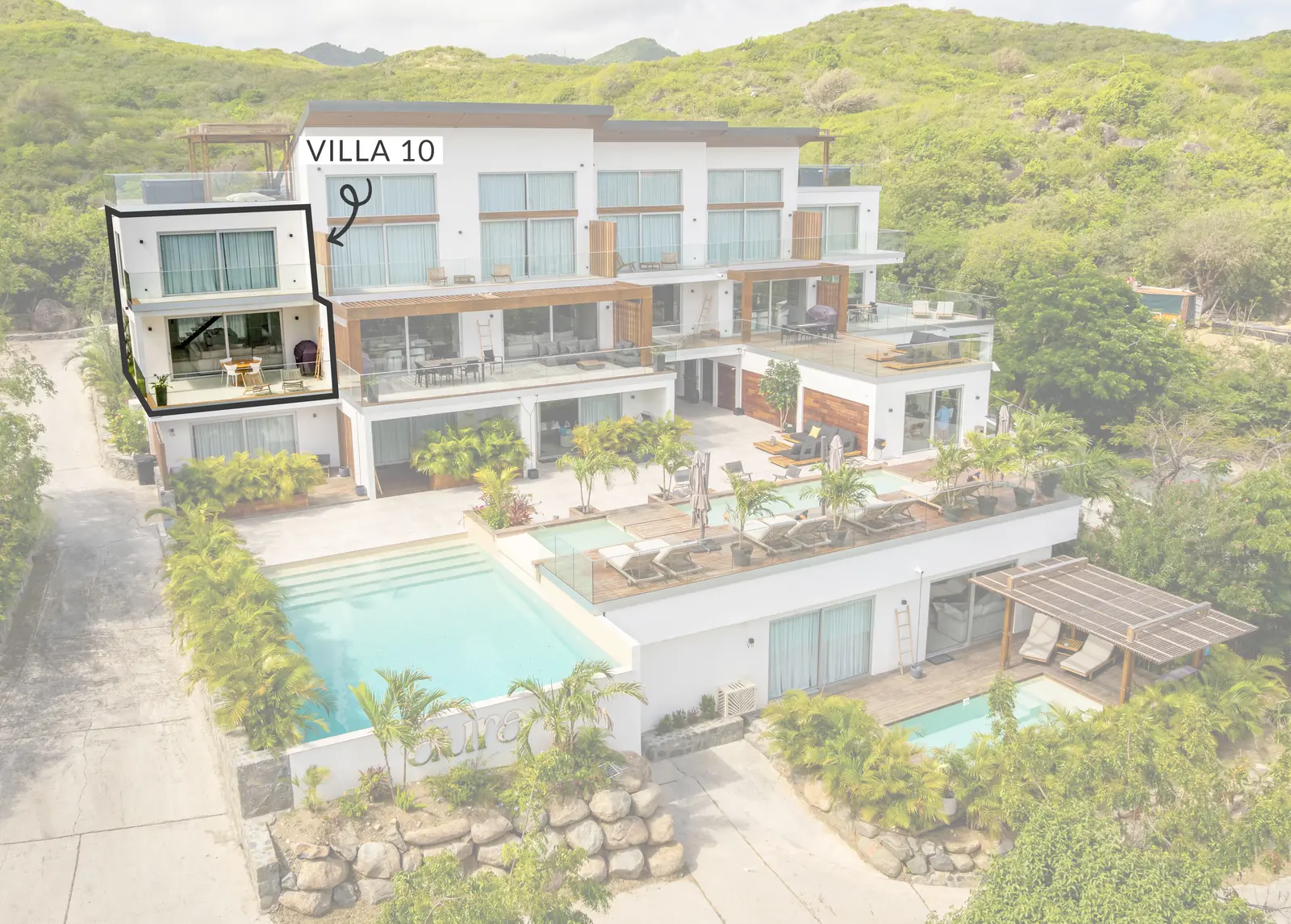 Aerial view of the Aura residence showing the location of Villa 10.