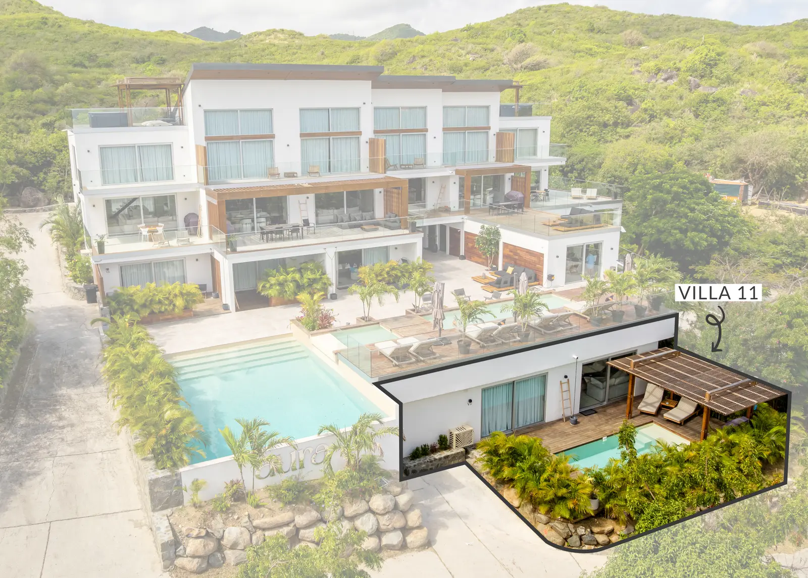 Aerial view of the Aura residence showing the location of Villa 11.
