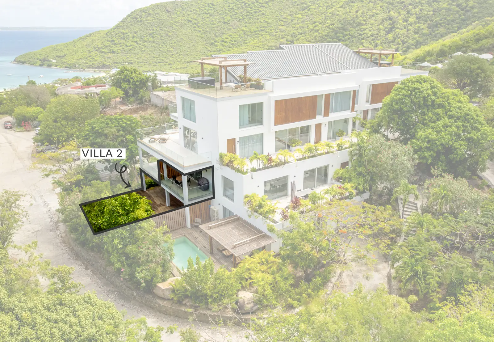 Aerial view of the Aura residence showing the location of Villa 2.