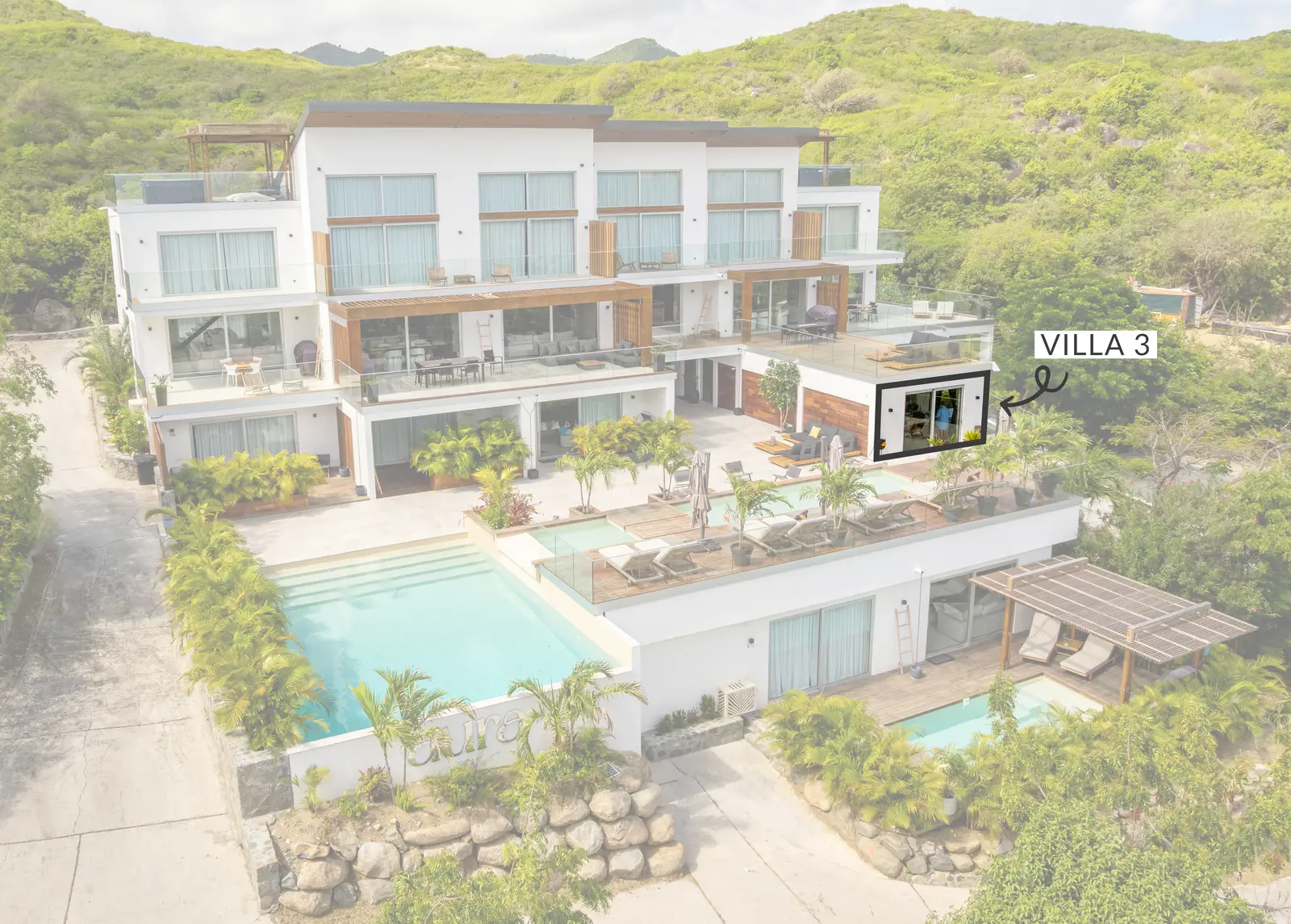 Aerial view of the Aura residence showing the location of Villa 3.