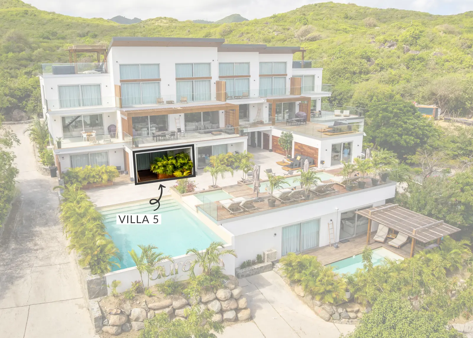 Aerial view of the Aura residence showing the location of Villa 5.