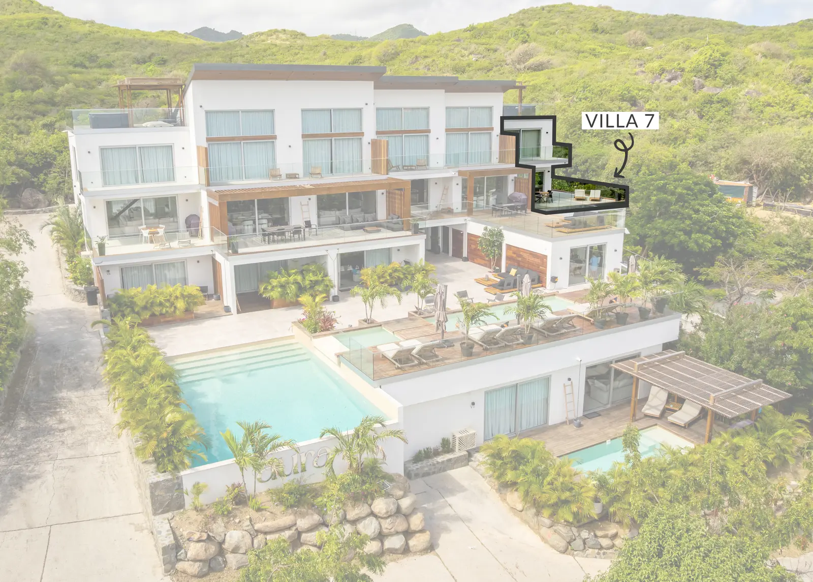 Aerial view of the Aura residence showing the location of Villa 7.