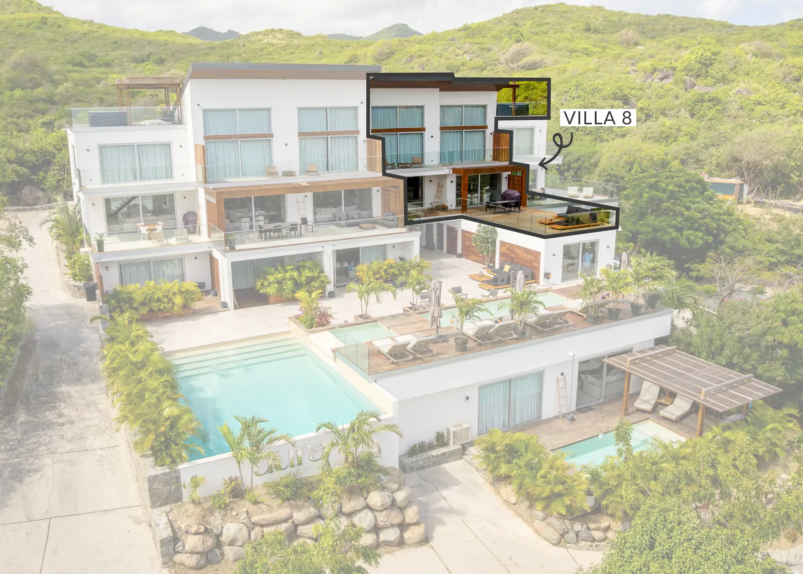 Aerial view of the Aura residence showing the location of Villa 8.