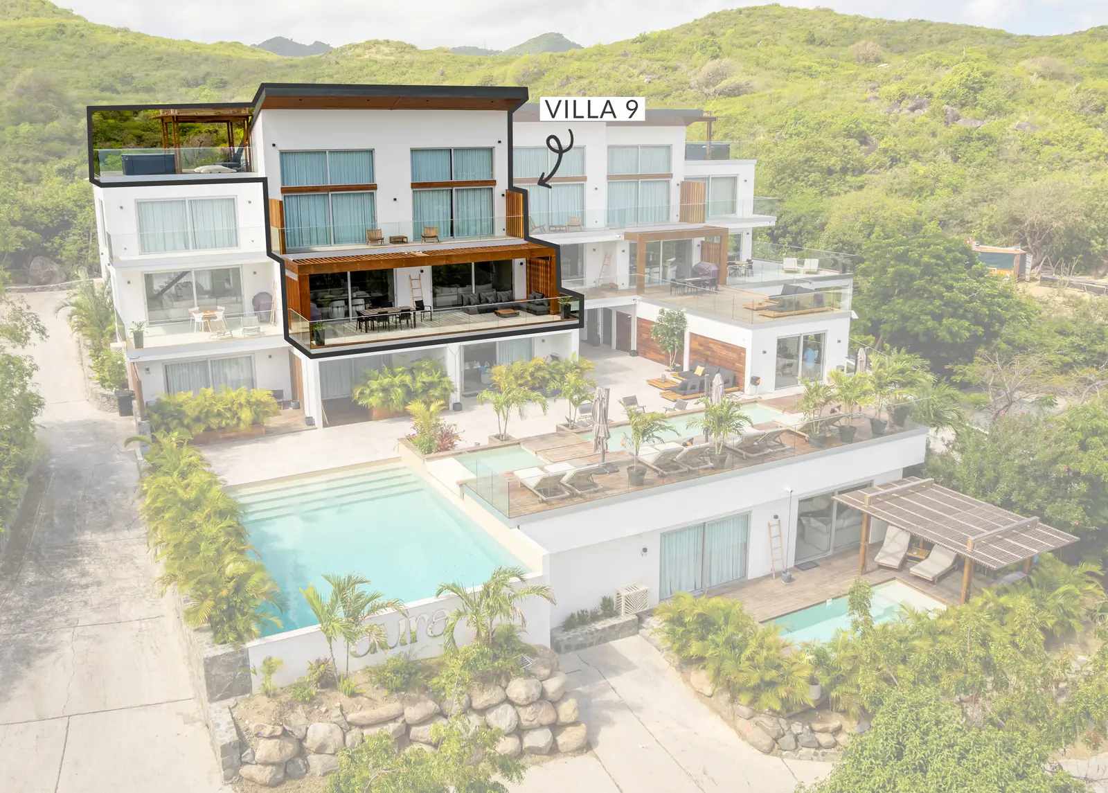 Aerial view of the Aura residence showing the location of Villa 9.